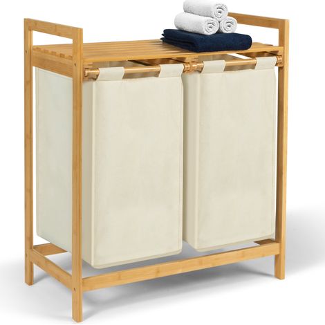 Idmarket – Panier à linge double 2 bacs en bambou – Compartiments coulissants en tissu écru – Dimensions 64x33x73 cm – Capacité 39L x2 (1/5)