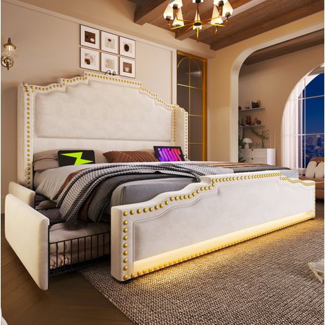 Bett Doppelbett Stauraum 180x200 mit LED Beige OKMYHOME (1/5)
