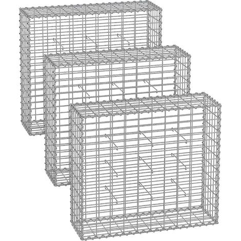 Lot de 3 gabions en acier galvanisé 100 x 90 x 30 cm pour mur décoratif jardin finition argent (1/2)