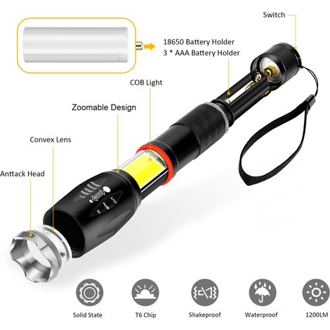 Extrem leistungsstarke 500 Lumen COB-LED-Taschenlampe, zoombar, intensive Beleuchtung, wiederaufladbare Taschenlampe für Camping, Notfälle, Outdoor-Aktivitäten, Hosentasche, praktisches Werkzeug. (1/5)