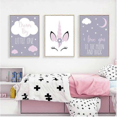 Affiche murale sur toile « Lune et Licorne », décoration aquarelle simple et mignonne pour la maison, le salon, la chambre, le bureau et la chambre d'enfant (lot de 3 sans cadre) (1/5)