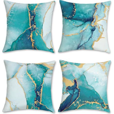 Lot de 4 housses de coussin décoratives modernes en velours doux, motif marbre turquoise, 45 x 45 cm, motif abstrait doré et bleu sarcelle, 45 x 45 cm (1/5)