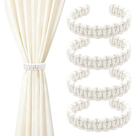 Lot de 4 Embrasses De Rideaux Tissés,Embrasses de Rideaux Bohème,Attache Rideau Embrasse Rustikaler Landhaussti,Convient aux Chambres à Coucher, aux Bureaux et aux Salons (Blanc) (1/5)