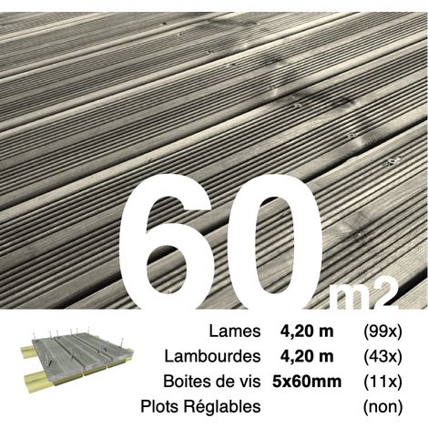 Kit terrasse Pin autoclave Gris pour 60 m² • Lames 4,2 m, lambourdes 4,2 m et visserie Inox • Livraison gratuite (1/3)