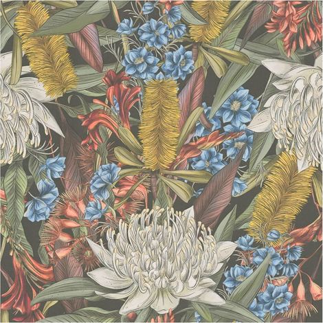 Flowers wallcovering wall Profhome 394282 hot embossed non-woven wallpaper slightly textured with floral ornaments matt black green blue red 5.33 m2 (1/5)