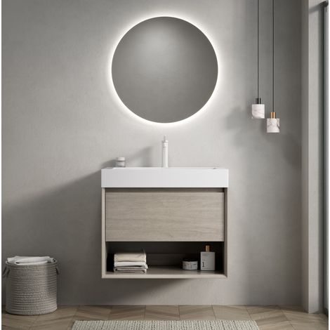 Meuble vasque mural 70 cm avec lavabo rectangulaire en résine, 1 tiroir et niche, chêne clair (1/5)