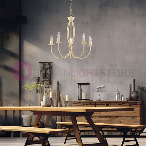 Lampadario Rustico Botte 5 Luci In Ferro Battuto Decapè Avorio (1/4)