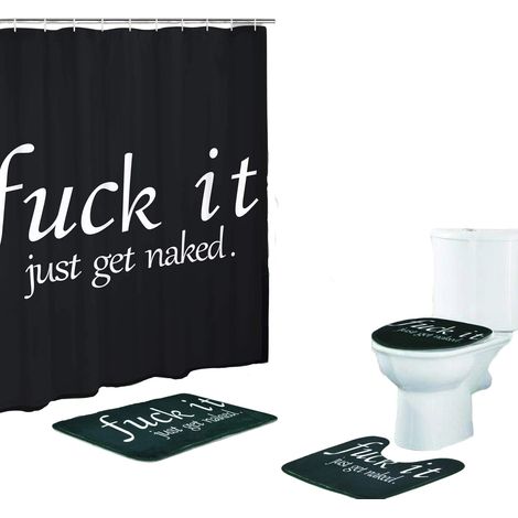 Duschvorhang-Set mit lustigem Spruch, inklusive rutschfester Matte, WC-Sitzbezug und Badematte, schwarz-weißer Duschvorhang mit 12 Haken, Duschvorhang (1/5)