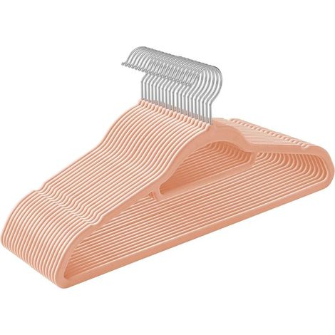 Samtkleiderbügel, 20er-Pack, rutschfest, Krawattenklammer, 360° drehbarer Haken, 0,6 cm dick, 43,5 cm lang, für Mäntel, Kleider, Hosen, Hellrosa und Silber CRF20PK (1/5)