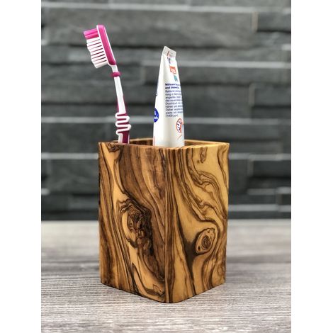 Gobelet Porte-Brosse à Dents Carré en Bois d'Olivier Huilé pour Salle de Bain 8 x 8 x 12 cm - PANGIVO (1/4)
