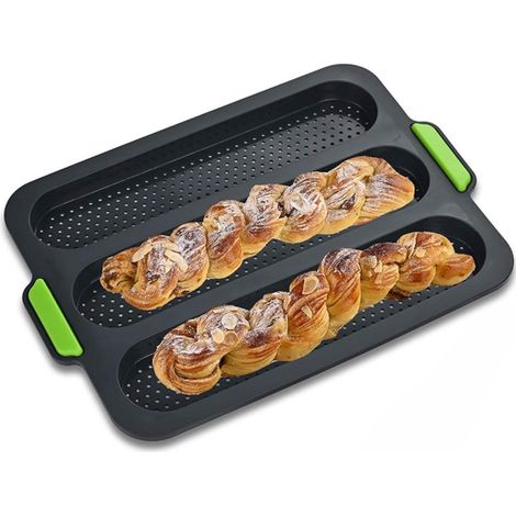 Stampo per baguette in silicone - Stampo per pane - Stampo a tre onde - Stampo per pane in silicone perforato - 34,5 x 23,8 cm - Nero (1/5)