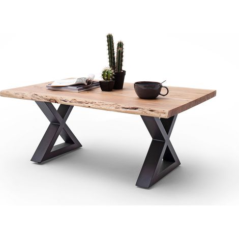 Table basse en acacia naturel et acier anthracite avec pietement en X (1/4)