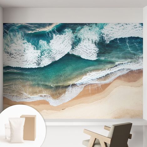 Papier peint intissé mural avec colle pour salon et chambre Décoration murale rapide - Colle incluse gratuite Vagues marines 152x104 cm (1/5)