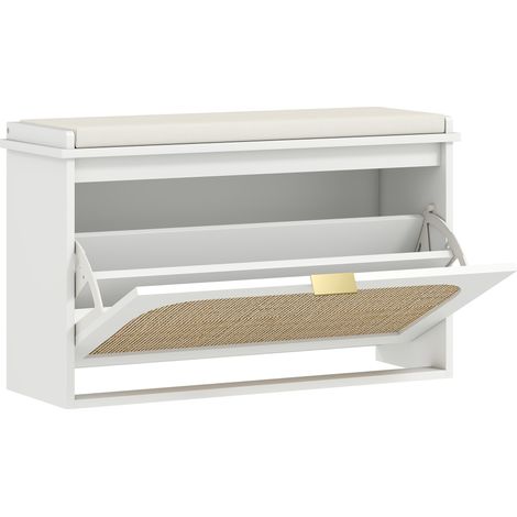 Banc de rangement à assise rembourrée avec tiroir escamotable et porte en rotin, blanc, 80 x 26 x 47,5 cm (1/5)