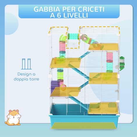 Cage à hamster à 6 niveaux avec tunnel. roue. rampes. maisonnette. biberon et gamelle. bleue (1/5)