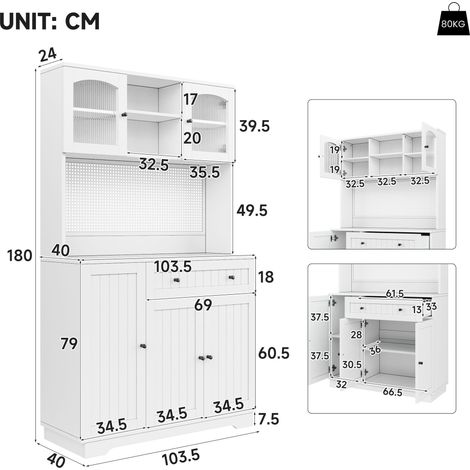 Vitrine avec porte, meuble de cuisine, armoire haute, étagères réglables, tôle perforée, blanc, 103,5 × 40 × 180 cm (1/5)