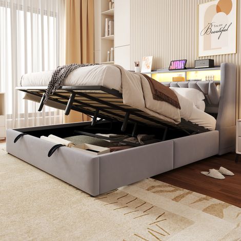 Cama alta 180/200 cm de terciopelo con almacenaje, LED y cabecero multifunción (1/5)