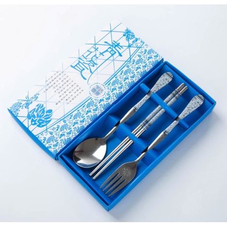 Baguettes Cuillère Fourchette acier inoxydable Bleue choinois couvert Ensemble de Ustensile de Style Chinoise coffret Cadeau voyage (1/2)