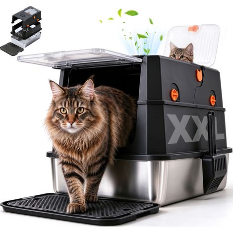 Bac à Litière pour Chat INOX XXL 3 en 1, 60 x 40 x 38 cm, avec Couvercle Amovible, 2 Entrées, Marche Anti-Litière avec Bac Récupérateur, Bords Hauts Anti-Éclaboussures, Pelle et Filtre à Charbon Actif (1/5)