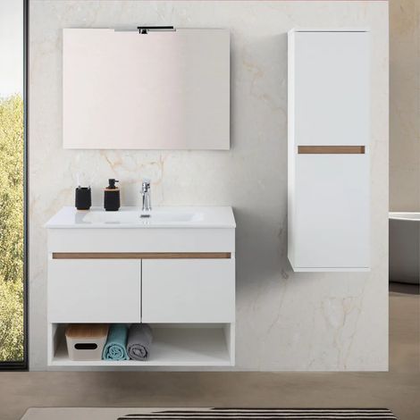 Mobile bagno sospeso 80 cm bianco e rovere con ante e vano a giorno Kleo (1/5)