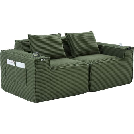 Divano modulare 2 posti in tessuto a coste verde con portabicchieri e tasche (1/5)