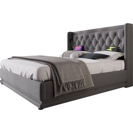 Lit Coffre Lit Double avec USB, Type-C et LED, 160 × 200 cm, sans Matelas, en Coton Gris (1/4)