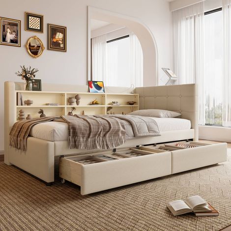 Lit banquette 90x200 cm en lin beige avec 2 tiroirs, ports USB-c et étagères (1/5)