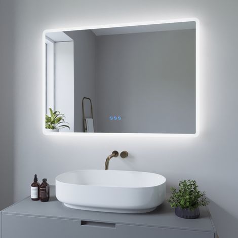 Badezimmerspiegel Wandspiegel mit LED Licht 100x70cm BORAS Typ C Touch Sensor Dimmbar Antibeschlag Kaltweiß 6400K Warmweiß 3000K (1/5)