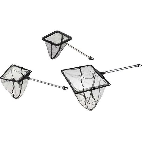 Trois épuisettes légères en acier inoxydable avec poignées rétractables, adaptées aux aquariums, disponibles en tailles S, M et L. (1/5)