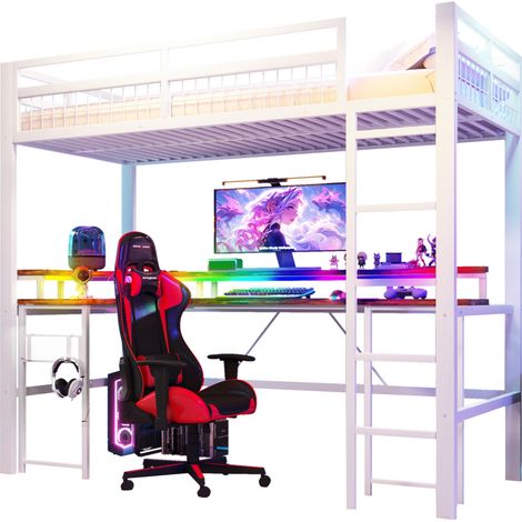 Lit mezzanine 90 x 200 cm avec bureau, LED multicolore, 1 USB, 1 Type-C, 2 prises et panneau perforé, structure métal et MDF, blanc, pour chambre ado  CHICFURN (1/5)