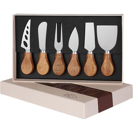 Set di 6 coltelli da formaggio, lama in acciaio inossidabile, manico in legno di acacia, set regalo, posate da formaggio di alta qualità, include affettatrice per formaggio. (1/5)