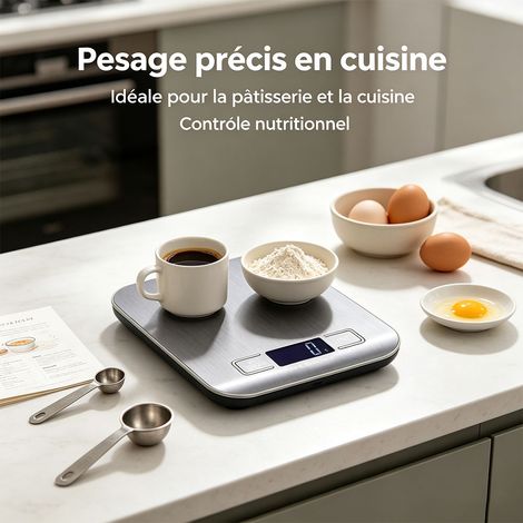 Balance de cuisine électronique 5 kg, cuve en acier inoxydable, fonction tare facile, affichage numérique, base antidérapante, étanche et résistante à l'humidité - Blanche (1/5)