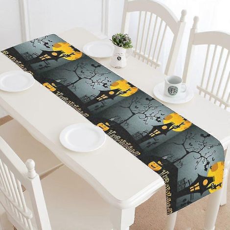 Halloween-Tischläufer „Dunkle Nacht“, 40 x 180 cm, mit Kürbis-, Burg- und Baummotiv, für Hochzeitsfeiern und Bankette (1/2)