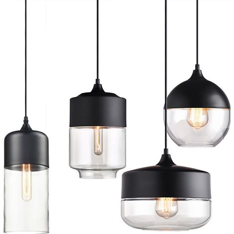 4 Pezzi Lampada a Sospensione, Lampada da Soffitto in Vetro, Illuminazione per Soggiorno Sala da Pranzo Nero con Paralume Trasparente