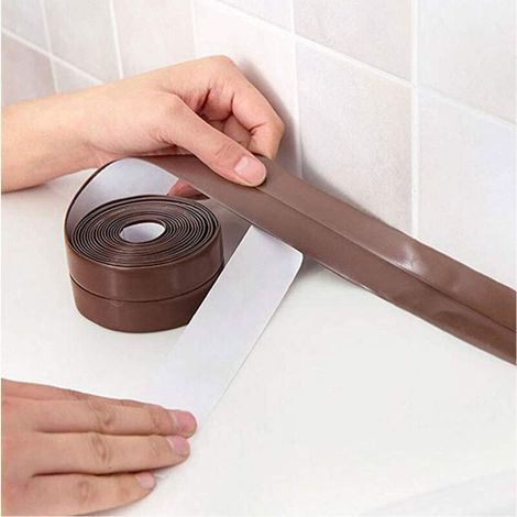 Ruban de calfeutrage autocollant et étanche 3,2 m x 2,2 cm pour joint de toilettes, salle de bain, protection de bord d'évier (avec outil de calfeutrage), bandes de calfeutrage en PVC (marron) (1/5)