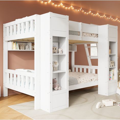 Lit superposé 90x200 cm blanc avec espace de rangement et échelle réversible (1/5)