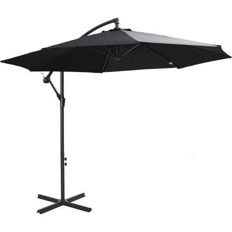 Parasol déporté avec manivelle, structure en acier et tissu polyester, noir, Ø3 x 2,5 m