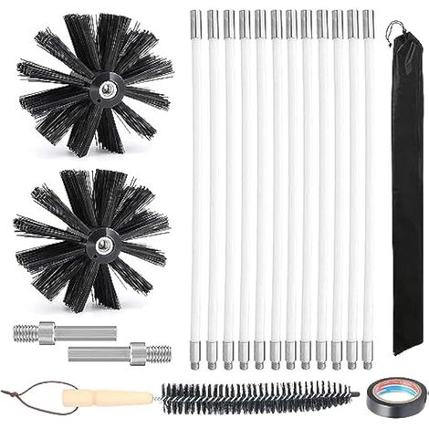 Kit de Ramonage, Kit Brosse Nettoyage Cheminée 200mm,Outil Nettoyage pour Cheminées avec 12 Tiges Flexibles de 410 mm et 2 TêTes de Brosse pour Cheminée,évent de Sécheuse,Tuyau d'égout,poêle à Bois (1/5)