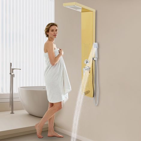 Système de panneau de douche, tour de panneau de douche à LED, mode pluie, mode cascade, bec de baignoire, avec pomme de douche à main, ensemble de douche mural en acier inoxydable, doré (1/5)