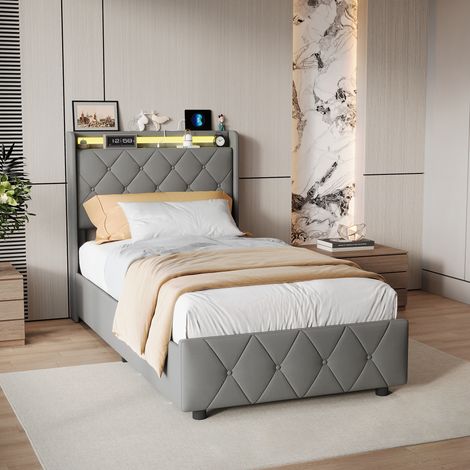 Lit simple 90x200 cm avec 2 tiroirs, lit 90x200 avec sommier LED et ports USB, tête de lit capitonné avec rangement, tissu en velours, gris (1/5)