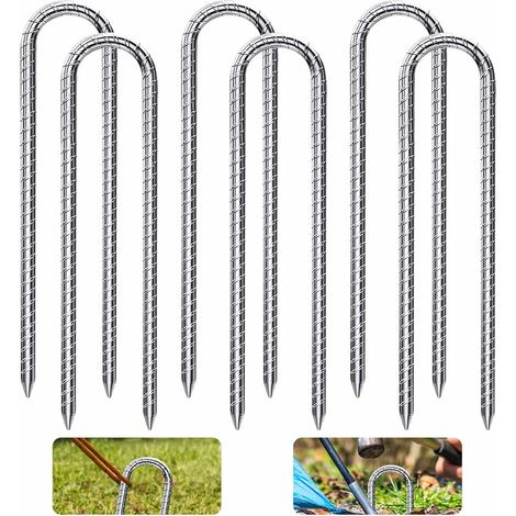 Lot de 6 piquets de sol en U de 30 cm, en acier galvanisé, pour fixation de clôture, tente, auvent, camping, trampoline
