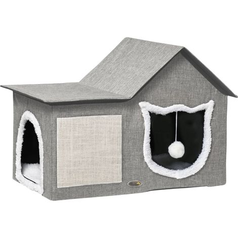 Katzenhöhle Mit Kratzfläche Und Doppeltüren Kuschelhöhle Mit Kissen & Spielball, Polyester, Grau
