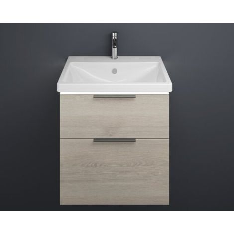 Burgbad Eqio Keramik-Waschtisch mit Unterschrank, 2 Auszüge mit LED-Beleuchtung, Griffleiste Eiche Dekor Flanelle/Alpinweiss 63 cm Schwarz matt (1/2)