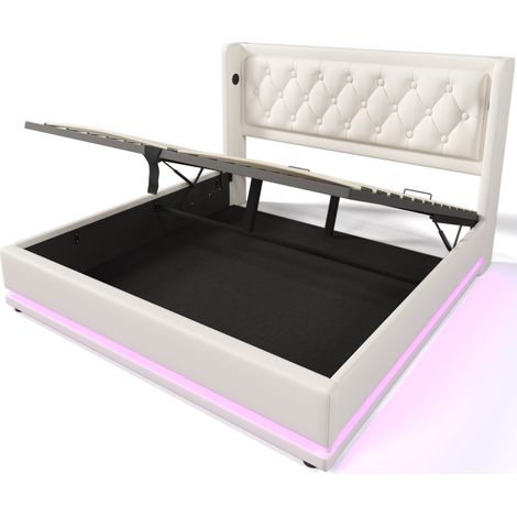 Cama canapé 180x200 cm en PU blanco, cabecero acolchado, USB-C y LED en 3 lados (1/5)
