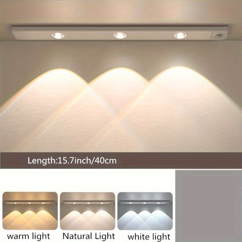 Bande lumineuse LED 3 couleurs à intensité variable, petite veilleuse sans fil de 40 cm, détecteur de mouvement, rechargeable, pour cuisine et armoire, blanc (1/5)