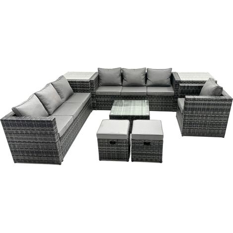 Fimous Rattan Garden Furniture Dining Set 9-seater Patio Coffee Table Sofa Set with 2 Side Tables 2 Small Stools Dark Grey Mixed (1/5)