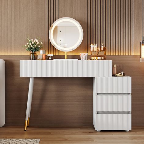Coiffeuse 100x40x127 cm blanche en MDF et panneaux de particules avec miroir LED, 5 tiroirs et meuble latéral modulable (1/5)