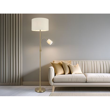 Große Stehlampe HOTEL Messing mit Leselampe & E27 Stoffschirm Creme, Höhe 170cm (1/5)