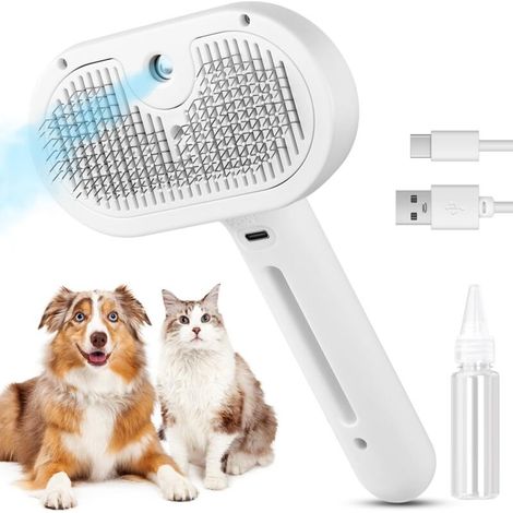 Brosse vapeur pour chien et chat 3 en 1 autonettoyante - Élimine poils et électricité statique - Pulvérisation d'eau pour brossage doux - Brosse de toilettage blanche (1/4)