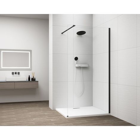 ESCA BLACK MATT Panneau de douche monobloc en verre, montage mural, verre transparent, 800 mm (1/4)